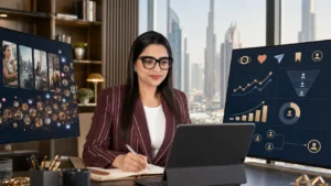 Madhu Kumari analysing influencer marketing campaign performance, creator engagement and audience actions in a Dubai office.